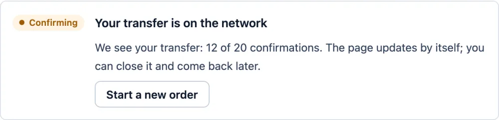Once you send, the page shows your transfer and counts the confirmations.