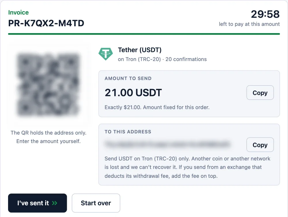 One exact amount and one address, held for 30 minutes.