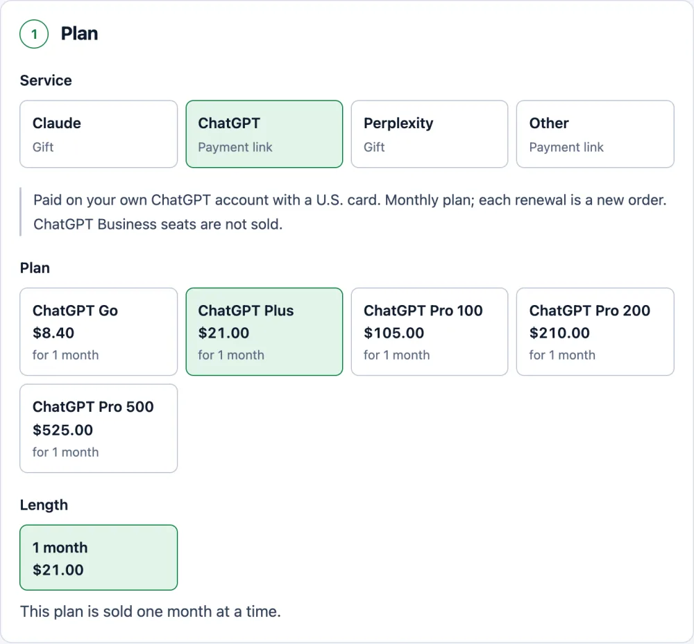 Pick the plan. The price already includes our 5% fee.